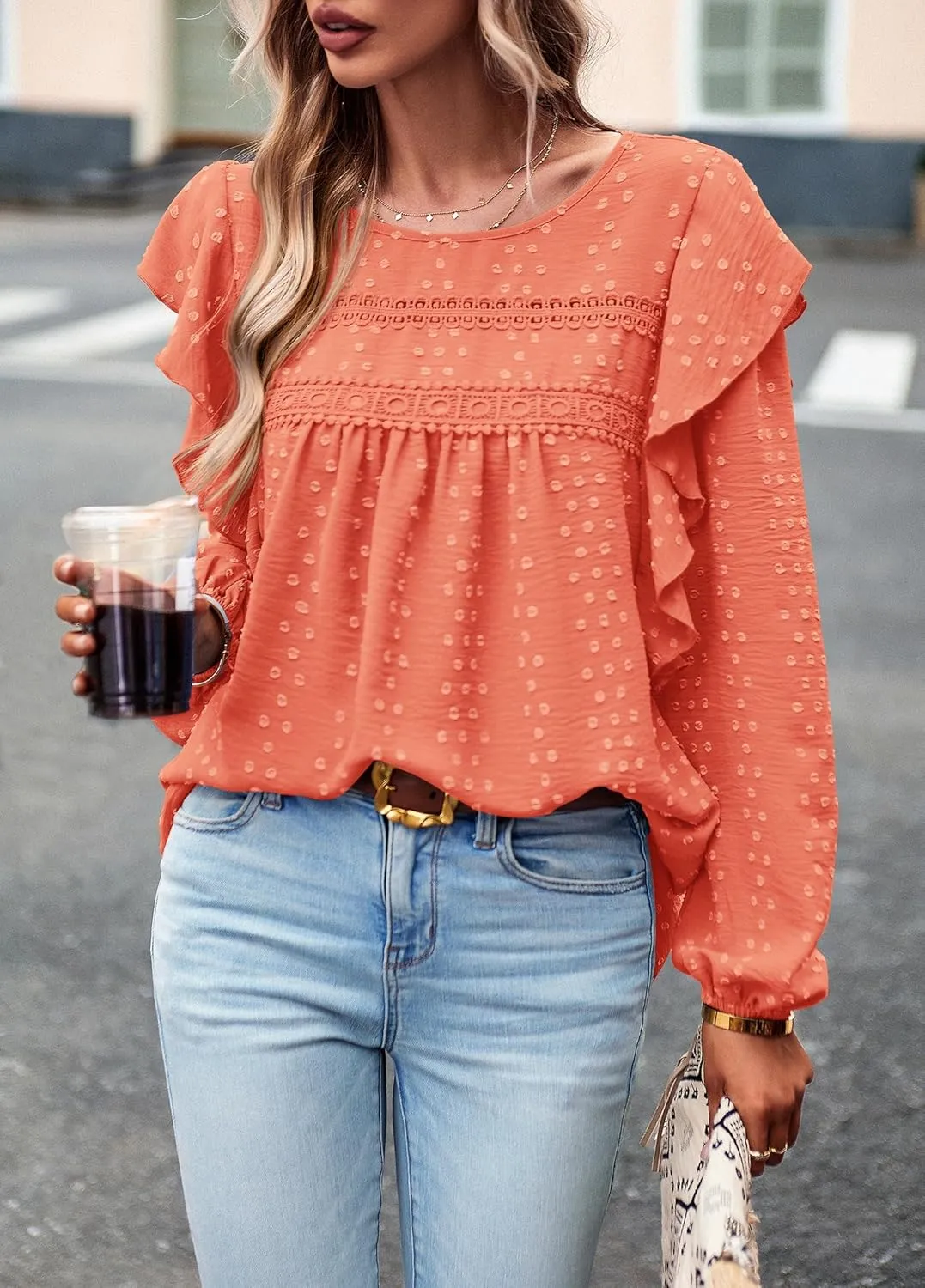 PRETTYGARDEN Women's Long Sleeve Blouses Ruffle Swiss Dot Crochet Loose Fit 2025 Spring Fall Tunic Dressy Casual Tops