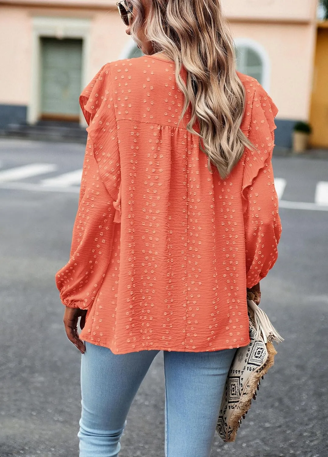 PRETTYGARDEN Women's Long Sleeve Blouses Ruffle Swiss Dot Crochet Loose Fit 2025 Spring Fall Tunic Dressy Casual Tops