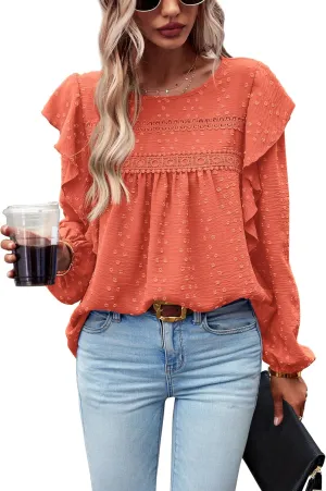 PRETTYGARDEN Women's Long Sleeve Blouses Ruffle Swiss Dot Crochet Loose Fit 2025 Spring Fall Tunic Dressy Casual Tops