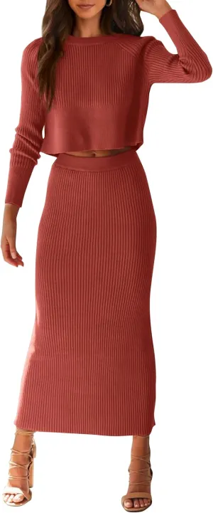 PRETTYGARDEN Women's Spring Fall 2 Piece Sweater Set Rib Knit Long Sleeve Crop Top Maxi Bodycon Skirt Casual Winter Outfits