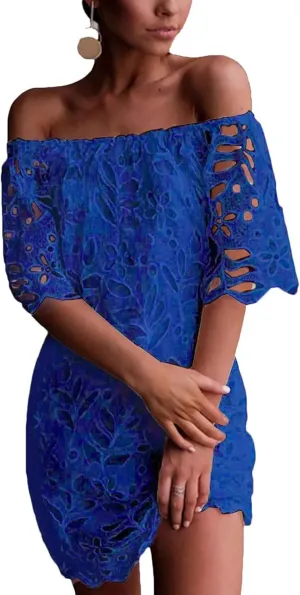 PRETTYGARDEN Women's Summer Off Shoulder Dresses Floral Lace Flare Short Sleeve Spring Vintage Elegant Mini Dress
