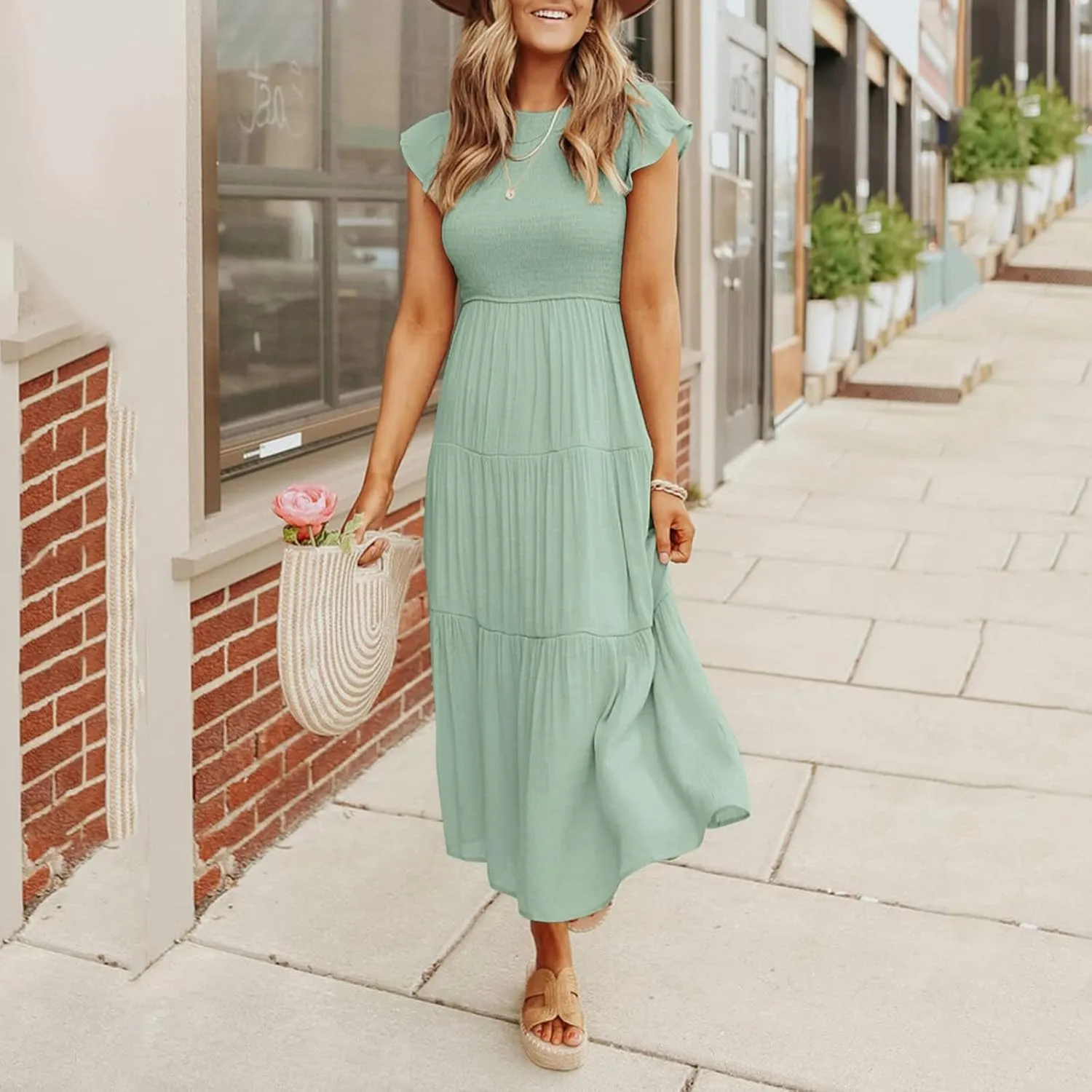 PTOLOCIF Women's Summer Casual Flutter Short Sleeve Crew Neck Smocked Elastic Waist Tiered Midi Dress Womens Sleeveless