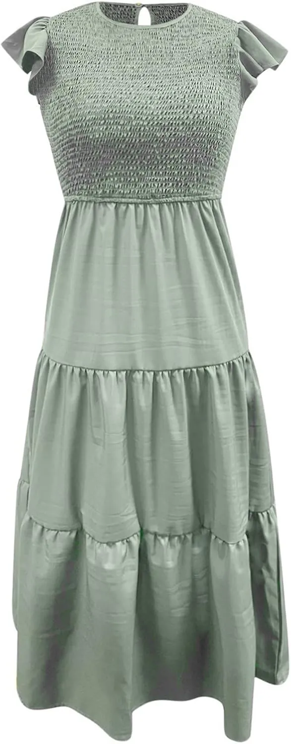 PTOLOCIF Women's Summer Casual Flutter Short Sleeve Crew Neck Smocked Elastic Waist Tiered Midi Dress Womens Sleeveless
