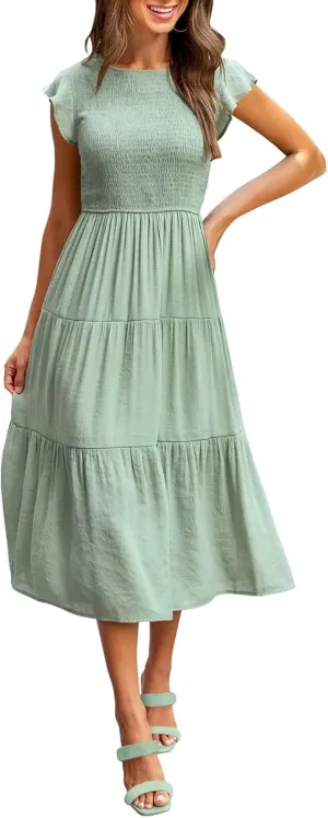 PTOLOCIF Women's Summer Casual Flutter Short Sleeve Crew Neck Smocked Elastic Waist Tiered Midi Dress Womens Sleeveless