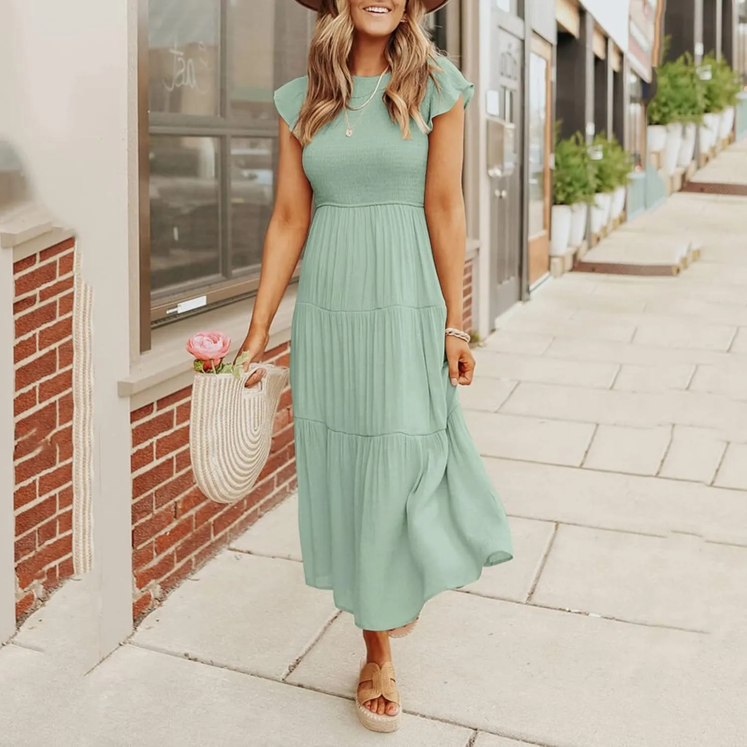 PTOLOCIF Women's Summer Casual Flutter Short Sleeve Crew Neck Smocked Elastic Waist Tiered Midi Dress Womens Sleeveless
