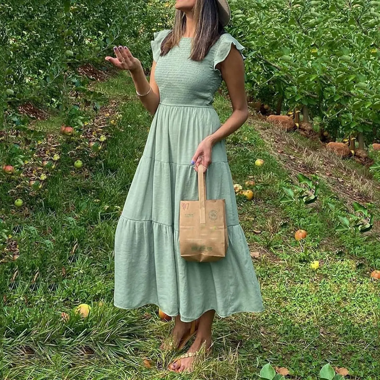 PTOLOCIF Women's Summer Casual Flutter Short Sleeve Crew Neck Smocked Elastic Waist Tiered Midi Dress Womens Sleeveless