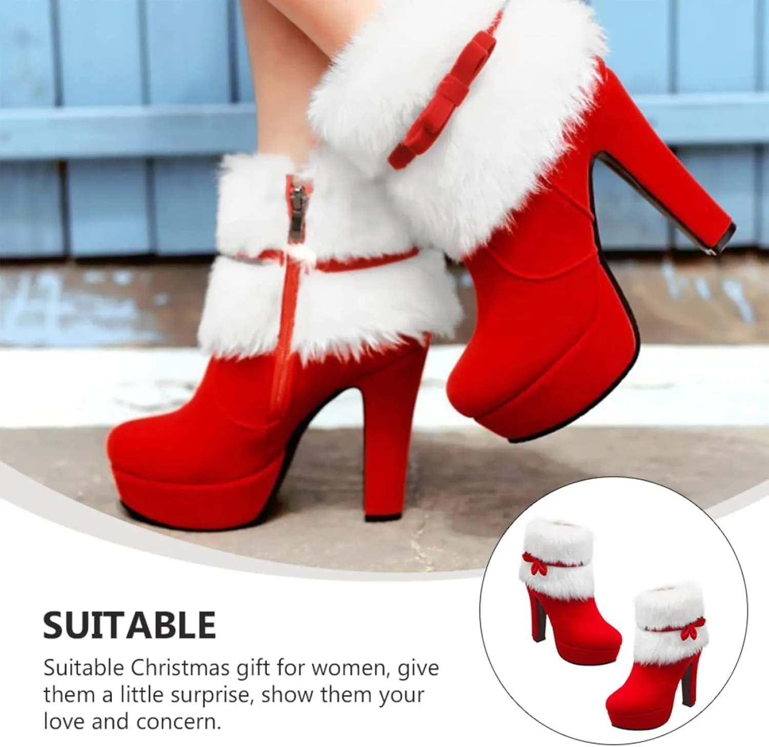 PURCHAWEE Women's Winter Fur Ankle Boots Christmas Boots,Bow Decor Side Zipper Fur Closure Chunky High Heel Santa Boots Snow Boots