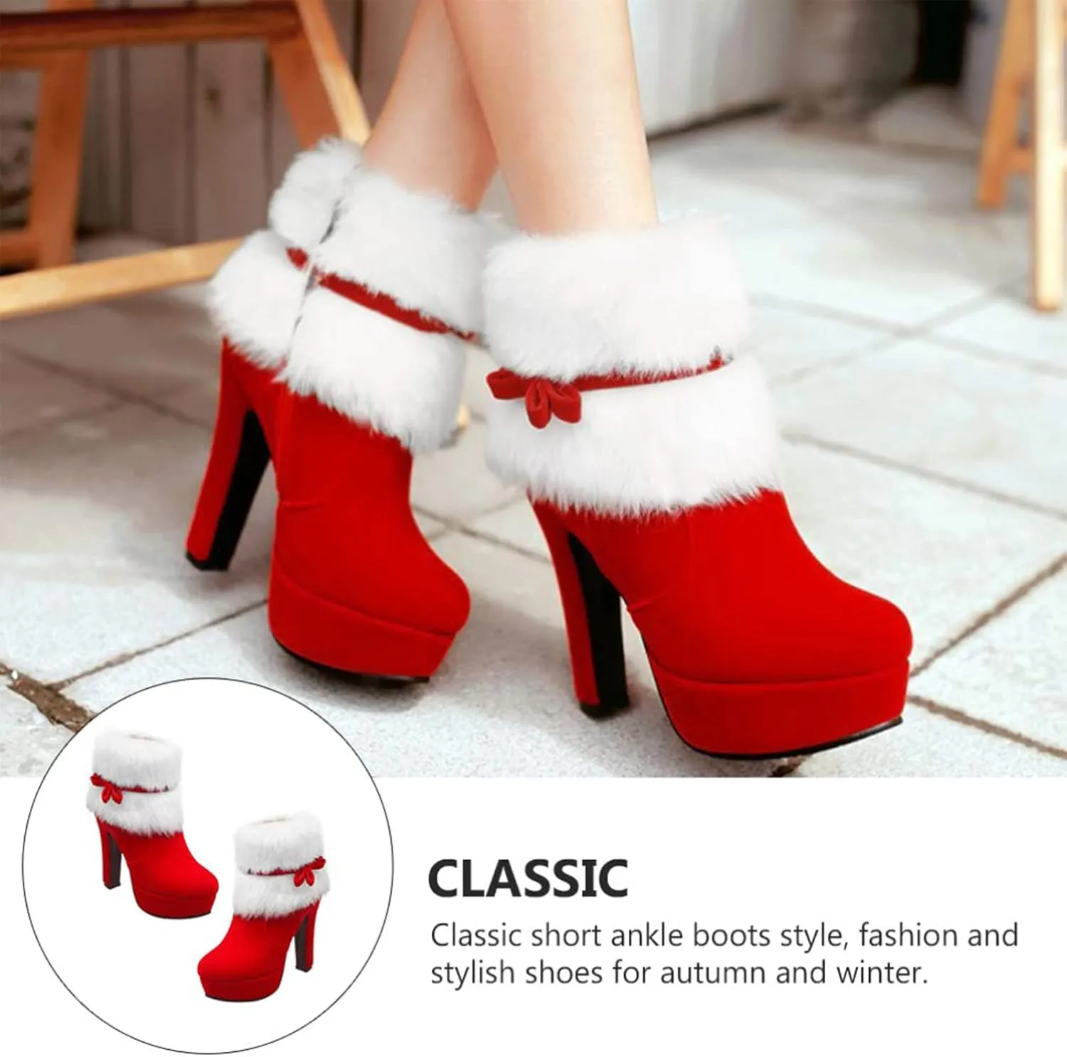 PURCHAWEE Women's Winter Fur Ankle Boots Christmas Boots,Bow Decor Side Zipper Fur Closure Chunky High Heel Santa Boots Snow Boots