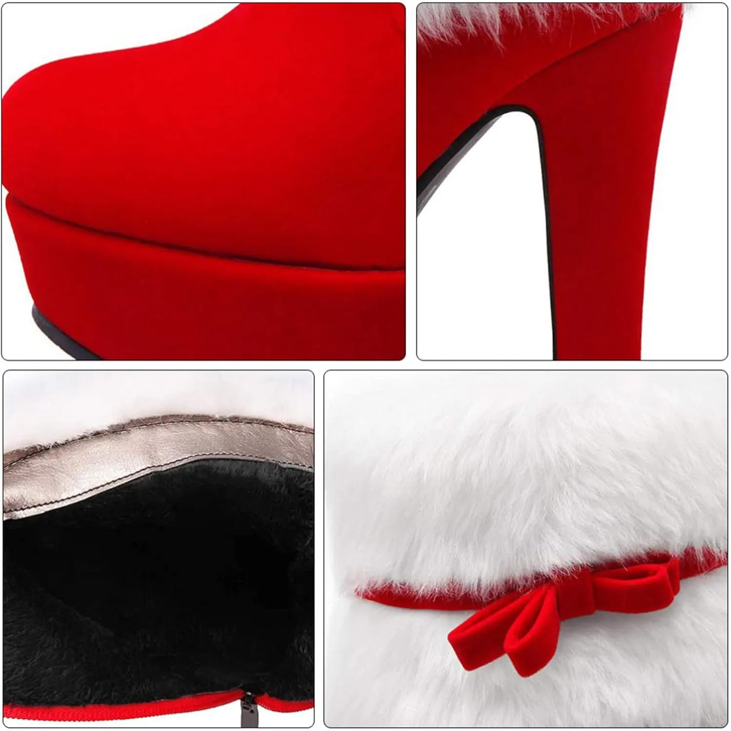 PURCHAWEE Women's Winter Fur Ankle Boots Christmas Boots,Bow Decor Side Zipper Fur Closure Chunky High Heel Santa Boots Snow Boots