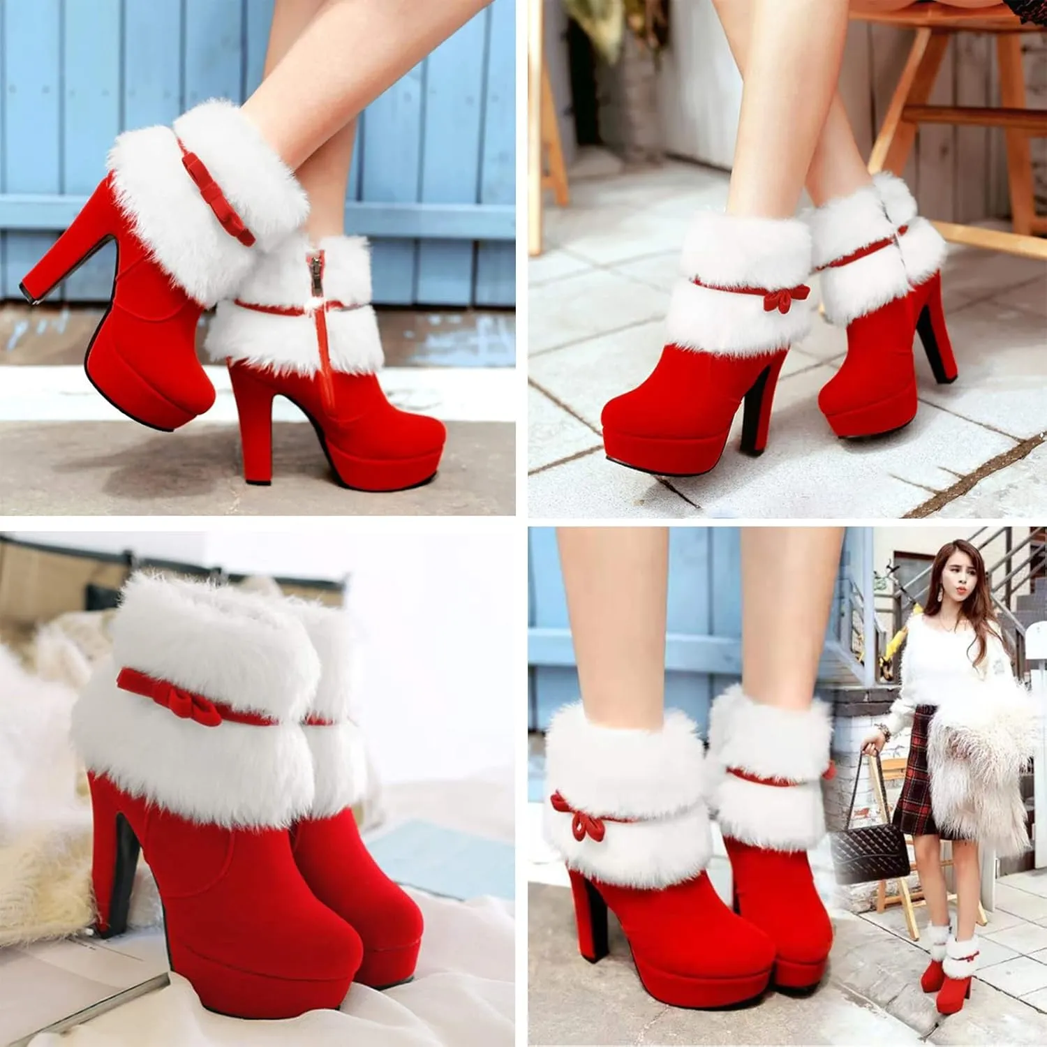 PURCHAWEE Women's Winter Fur Ankle Boots Christmas Boots,Bow Decor Side Zipper Fur Closure Chunky High Heel Santa Boots Snow Boots