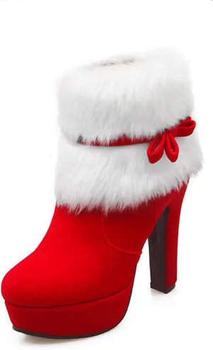 PURCHAWEE Women's Winter Fur Ankle Boots Christmas Boots,Bow Decor Side Zipper Fur Closure Chunky High Heel Santa Boots Snow Boots