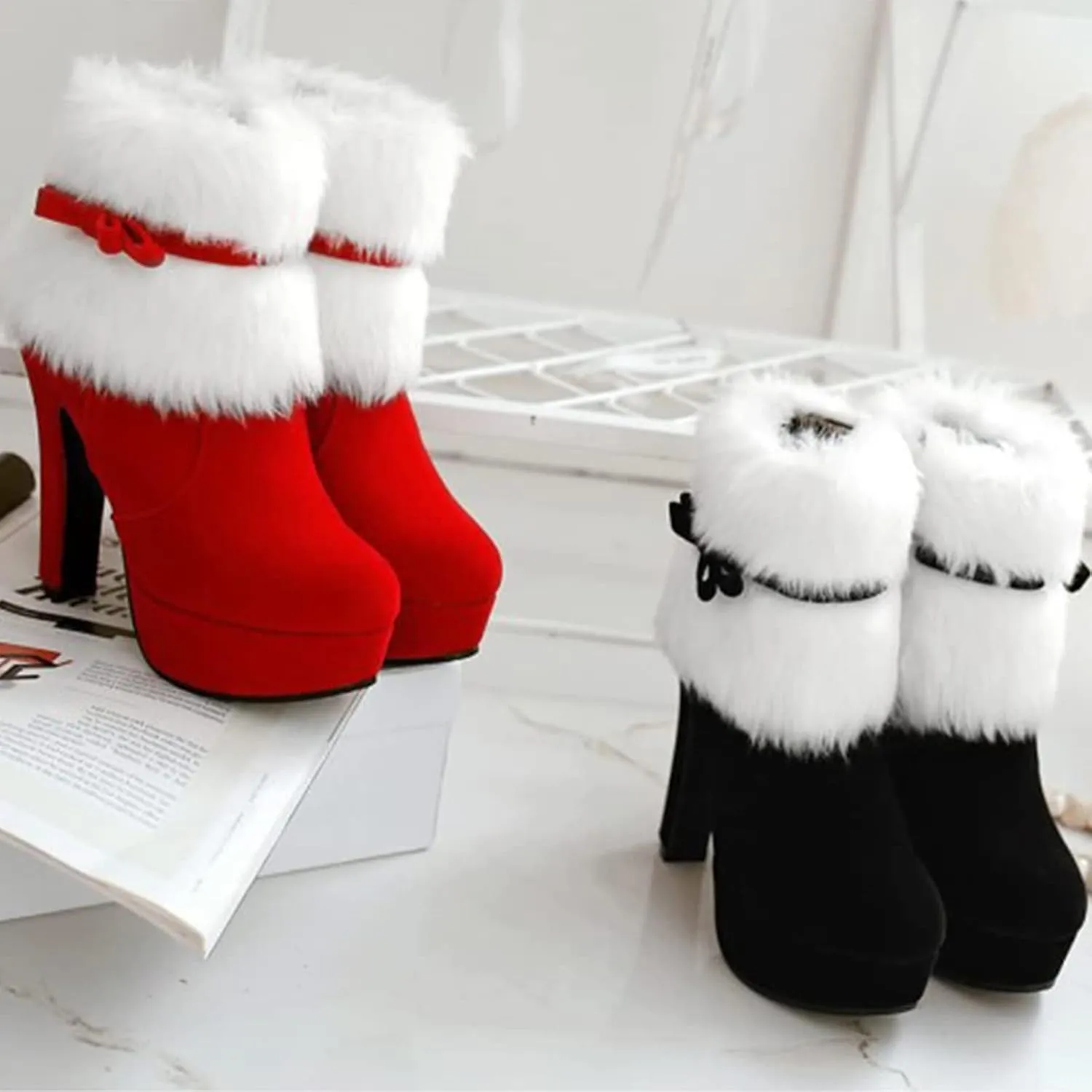 PURCHAWEE Women's Winter Fur Ankle Boots Christmas Boots,Bow Decor Side Zipper Fur Closure Chunky High Heel Santa Boots Snow Boots