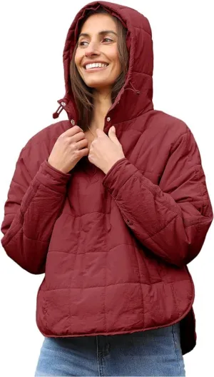 QIBABU Womens Oversized Hooded Puffer Jacket Lightweight Pullover Hoodies Quilted Dolman Long Sleeve Warm Winter Coat