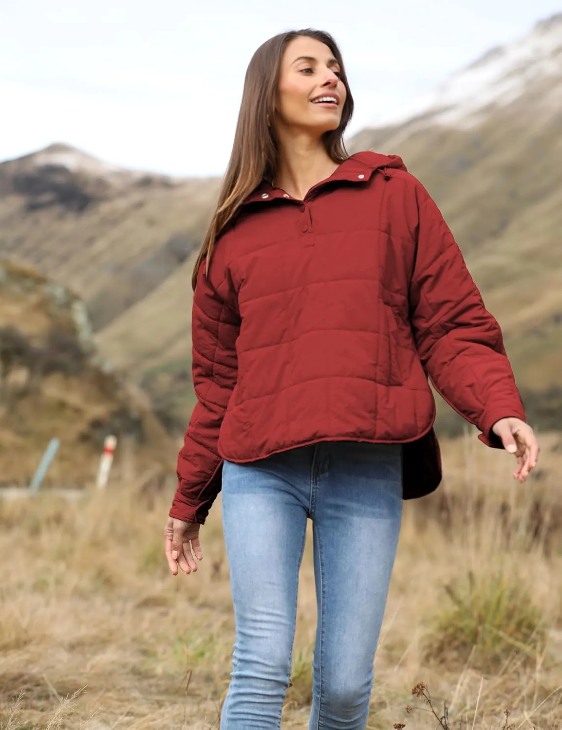QIBABU Womens Oversized Hooded Puffer Jacket Lightweight Pullover Hoodies Quilted Dolman Long Sleeve Warm Winter Coat
