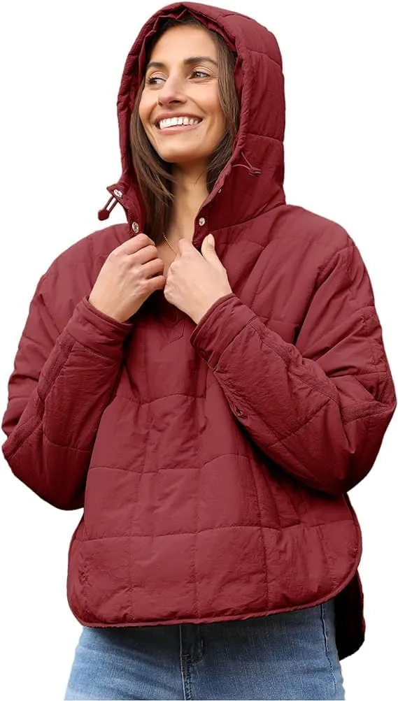 QIBABU Womens Oversized Hooded Puffer Jacket Lightweight Pullover Hoodies Quilted Dolman Long Sleeve Warm Winter Coat