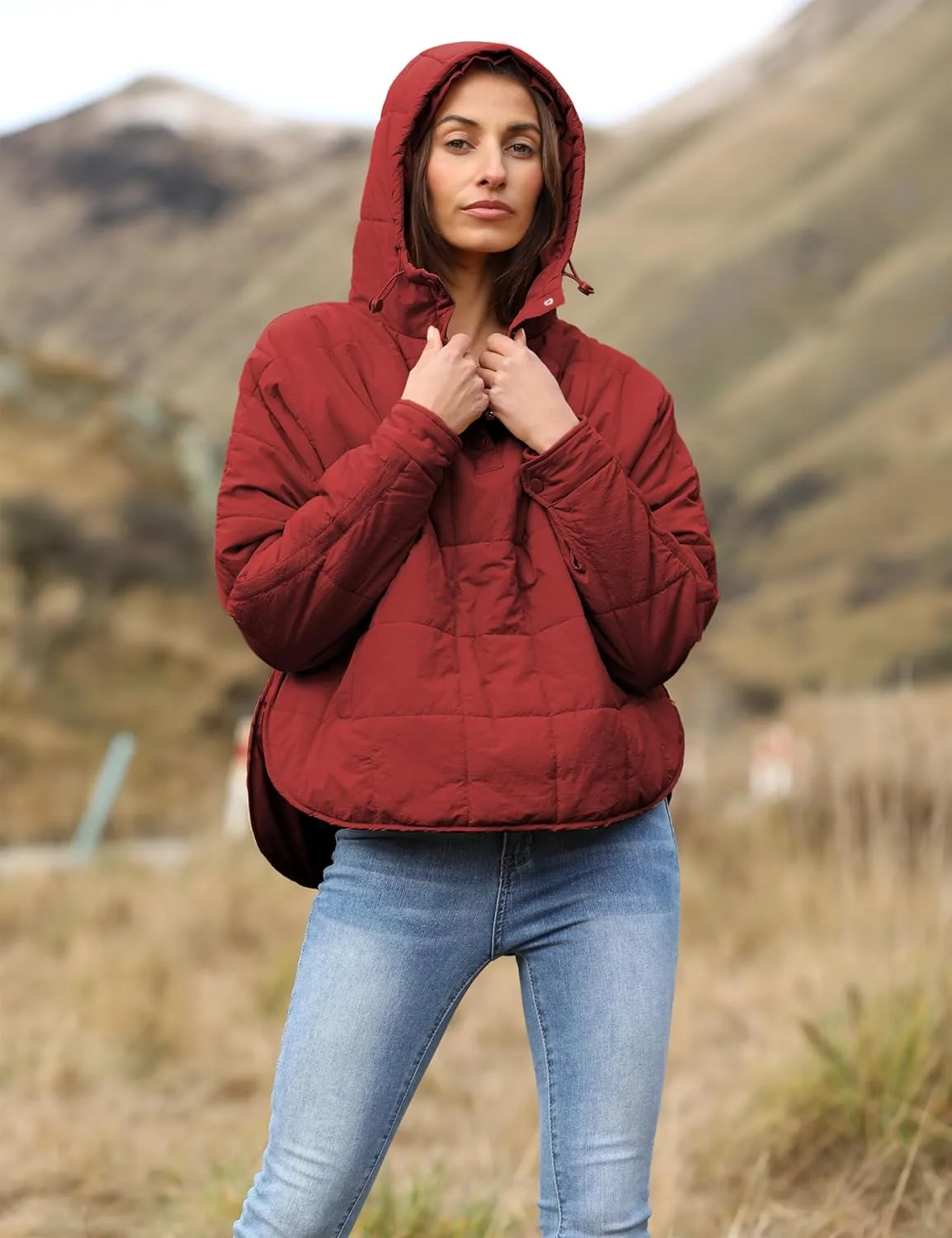 QIBABU Womens Oversized Hooded Puffer Jacket Lightweight Pullover Hoodies Quilted Dolman Long Sleeve Warm Winter Coat