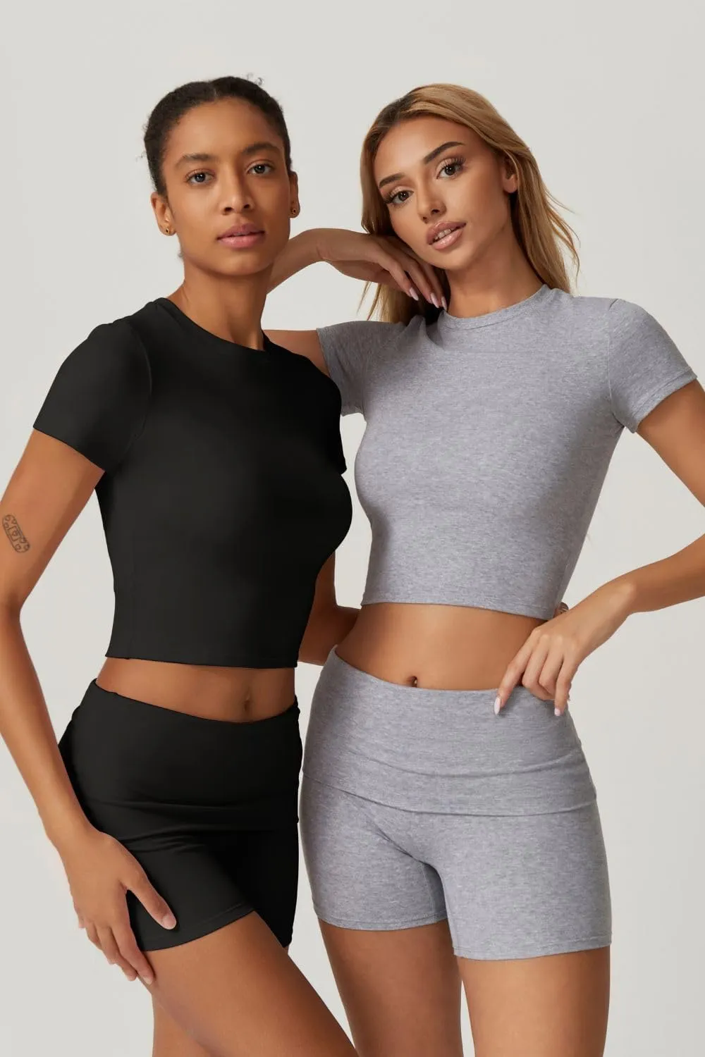 QINSEN Women's 2 Piece Outfits Lounge Sets Slim Fitted Short Sleeve Crop Tops Fold Over Shorts Casual Comfy Trasuits