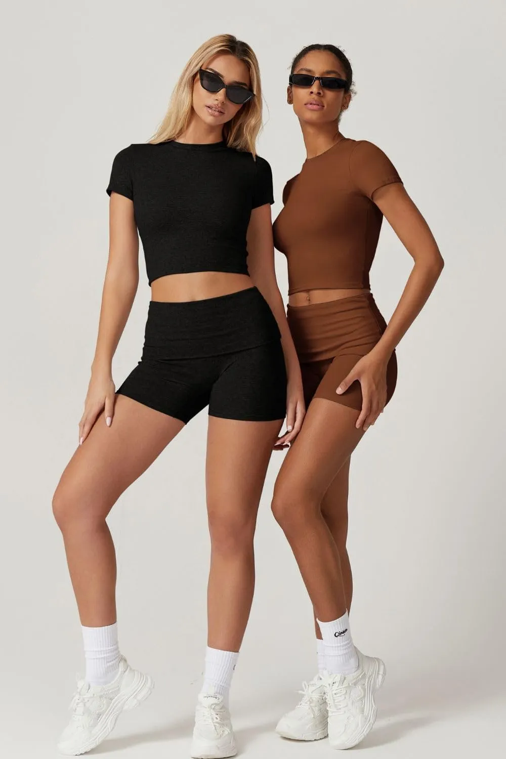 QINSEN Women's 2 Piece Outfits Lounge Sets Slim Fitted Short Sleeve Crop Tops Fold Over Shorts Casual Comfy Trasuits