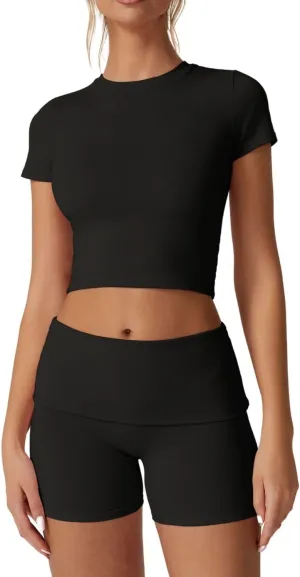 QINSEN Women's 2 Piece Outfits Lounge Sets Slim Fitted Short Sleeve Crop Tops Fold Over Shorts Casual Comfy Trasuits