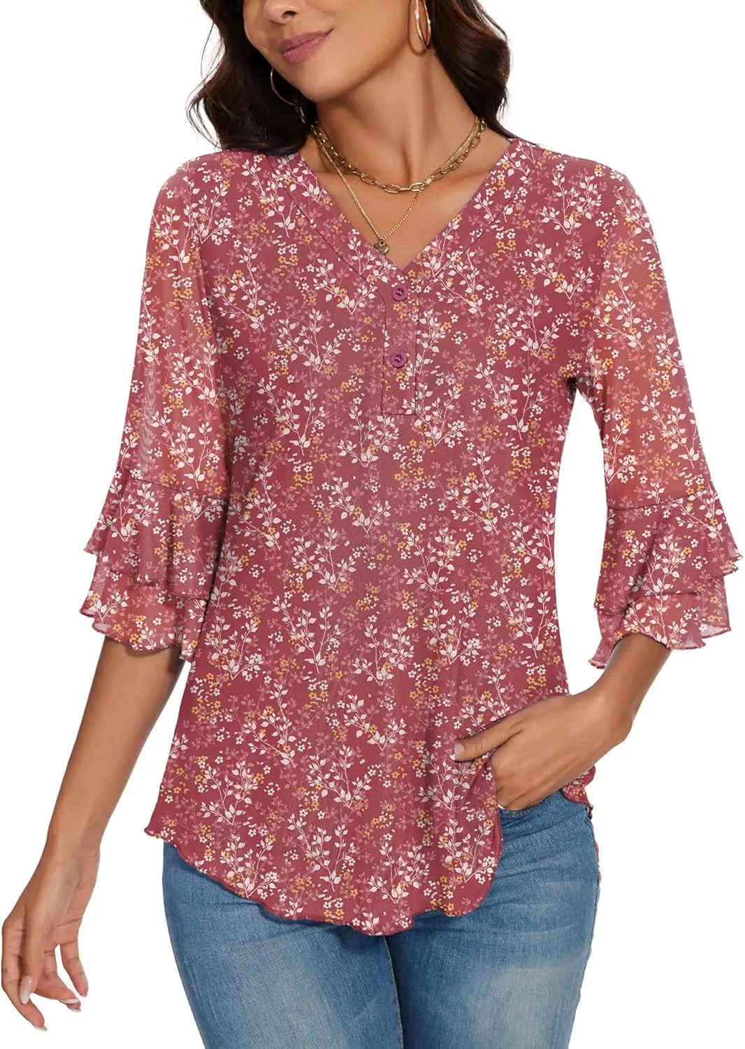Rapbin Women Dressy Blouse 3/4 Sleeve Tiered Bell Sleeve Double Layers Mesh Shirt Trendy Flowy Tunic