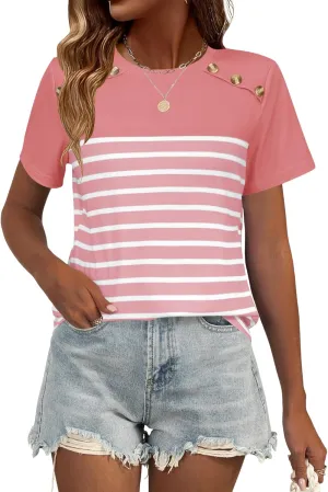 Rapbin Womens Summer Tops 2025 Dressy Casual Short Sleeve Crewneck T Shirts Trendy Striped Button Decor Tunic Blouse