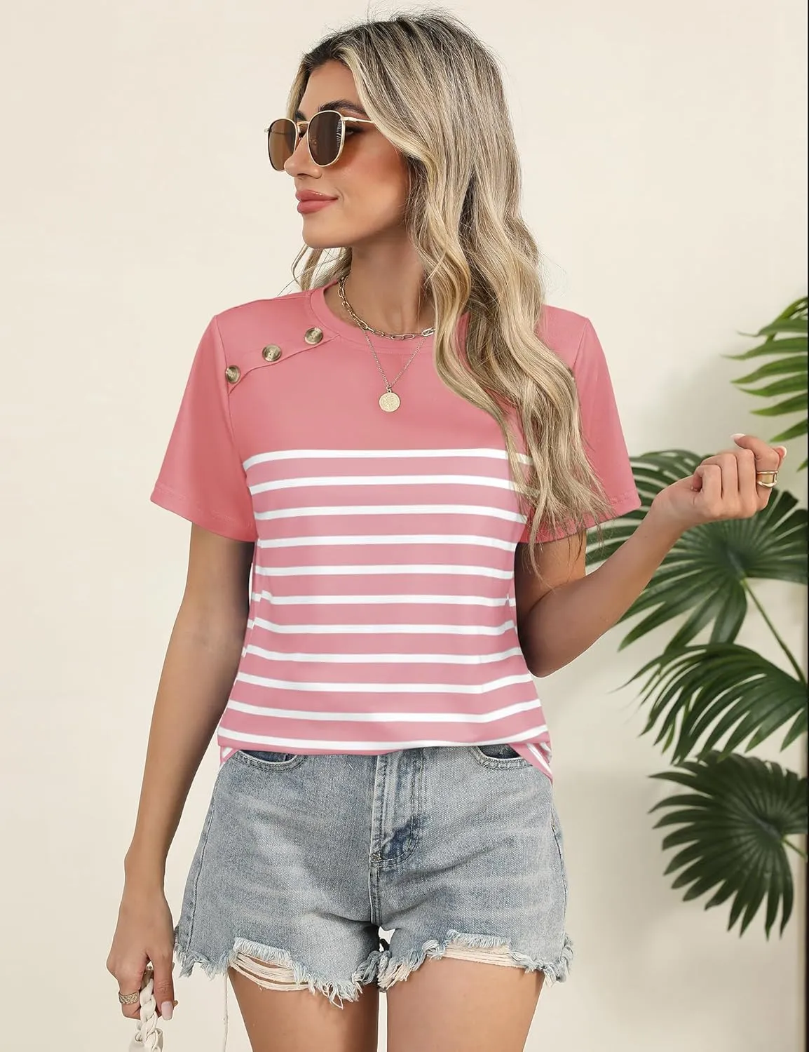 Rapbin Womens Summer Tops 2025 Dressy Casual Short Sleeve Crewneck T Shirts Trendy Striped Button Decor Tunic Blouse