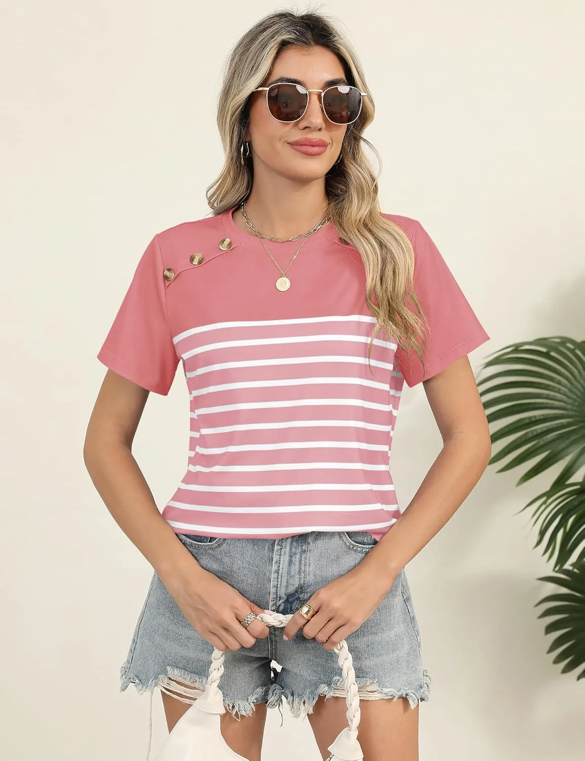 Rapbin Womens Summer Tops 2025 Dressy Casual Short Sleeve Crewneck T Shirts Trendy Striped Button Decor Tunic Blouse