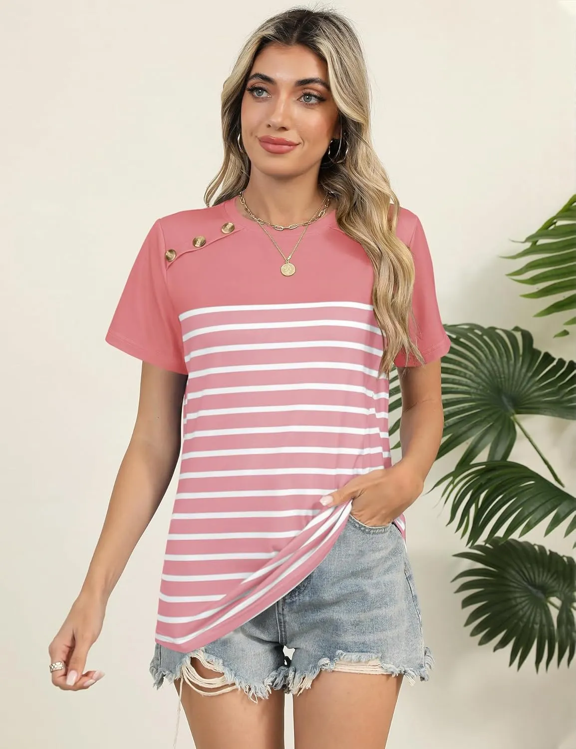 Rapbin Womens Summer Tops 2025 Dressy Casual Short Sleeve Crewneck T Shirts Trendy Striped Button Decor Tunic Blouse