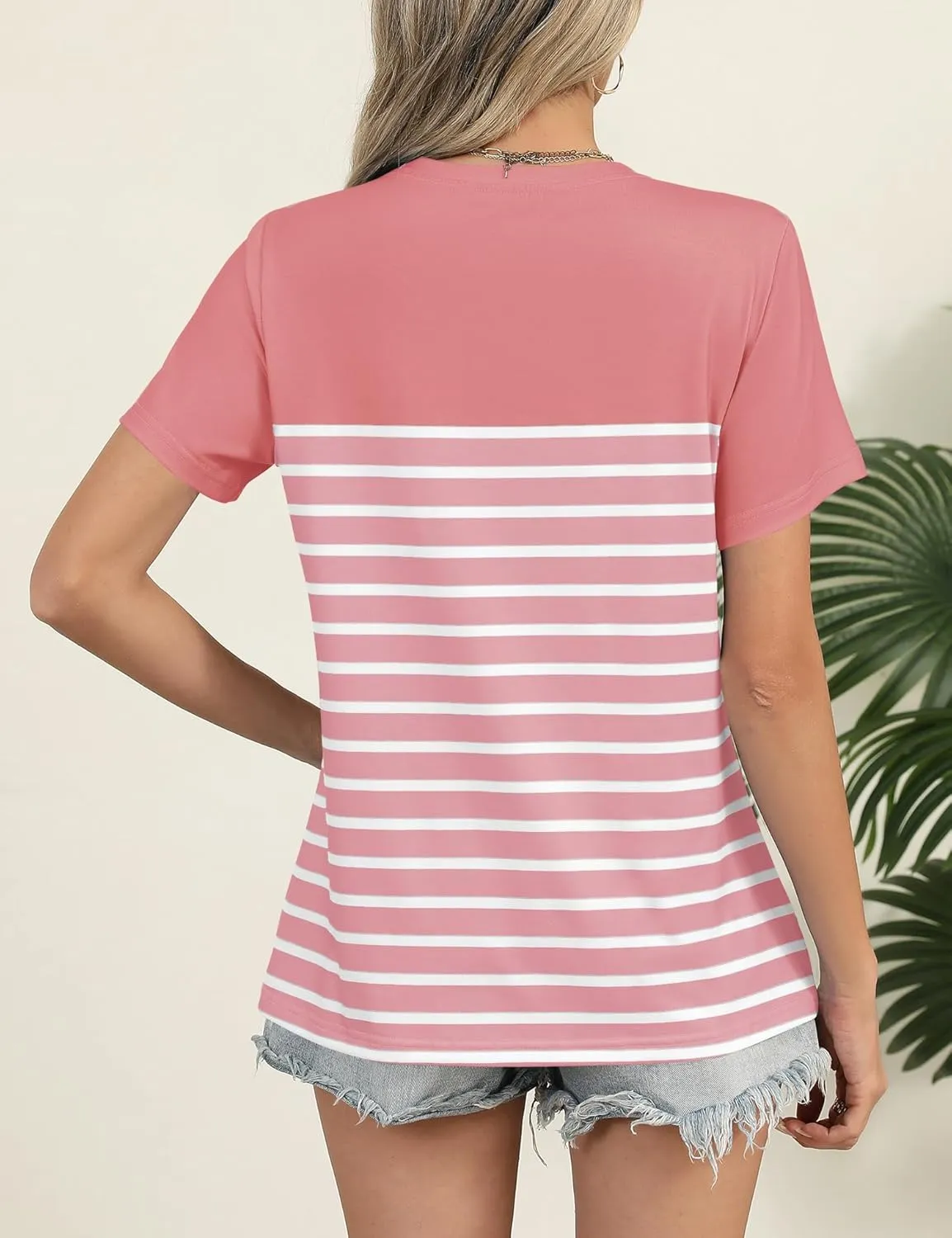 Rapbin Womens Summer Tops 2025 Dressy Casual Short Sleeve Crewneck T Shirts Trendy Striped Button Decor Tunic Blouse