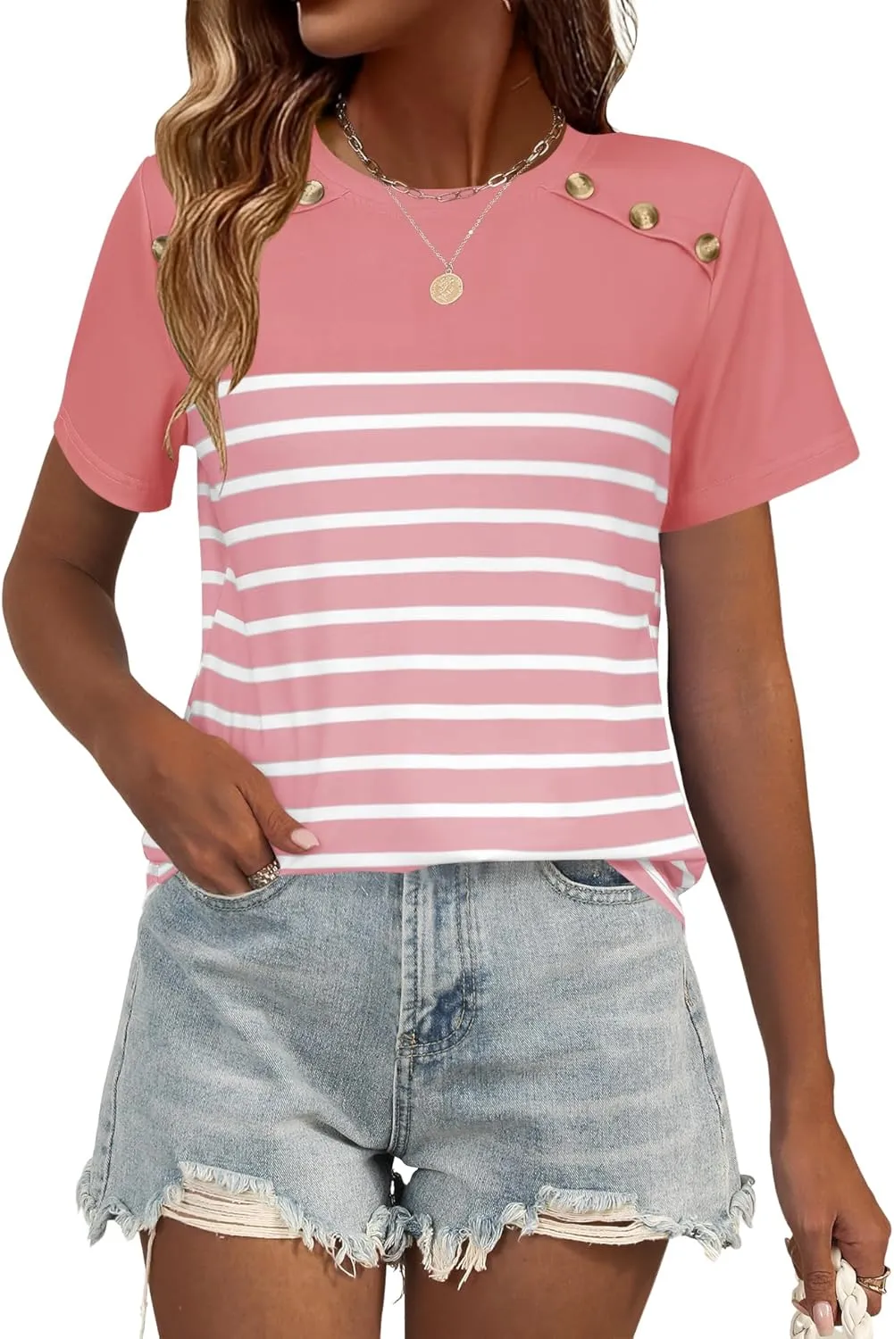 Rapbin Womens Summer Tops 2025 Dressy Casual Short Sleeve Crewneck T Shirts Trendy Striped Button Decor Tunic Blouse