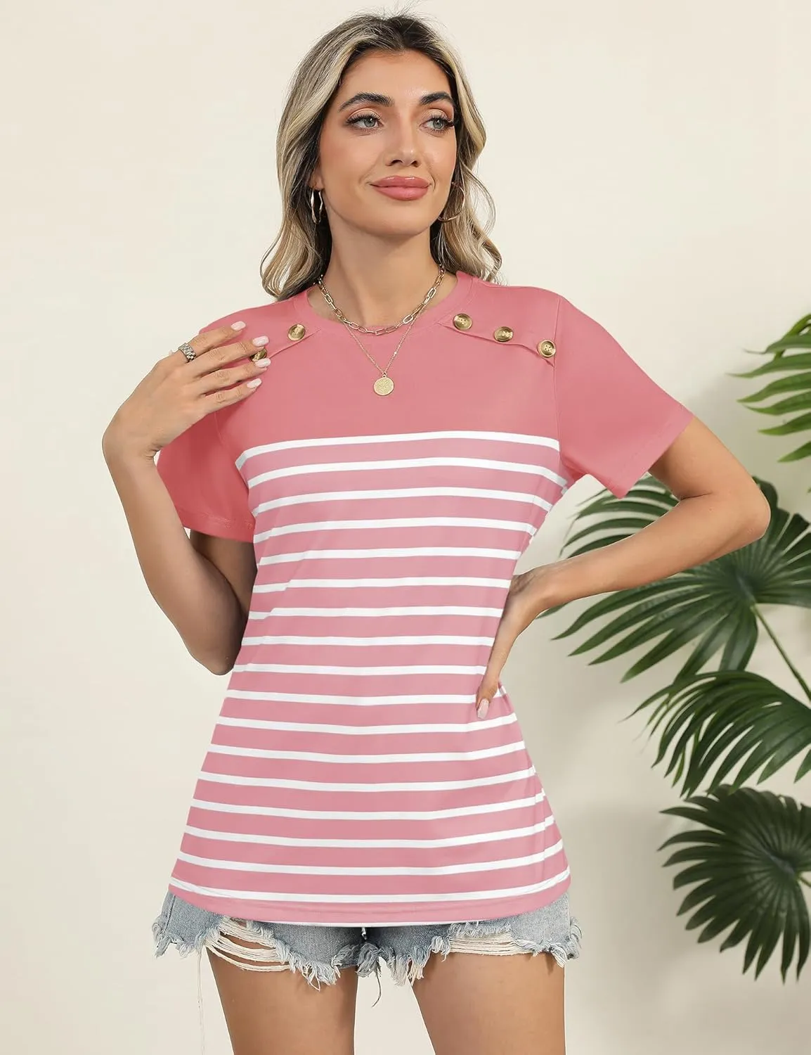 Rapbin Womens Summer Tops 2025 Dressy Casual Short Sleeve Crewneck T Shirts Trendy Striped Button Decor Tunic Blouse
