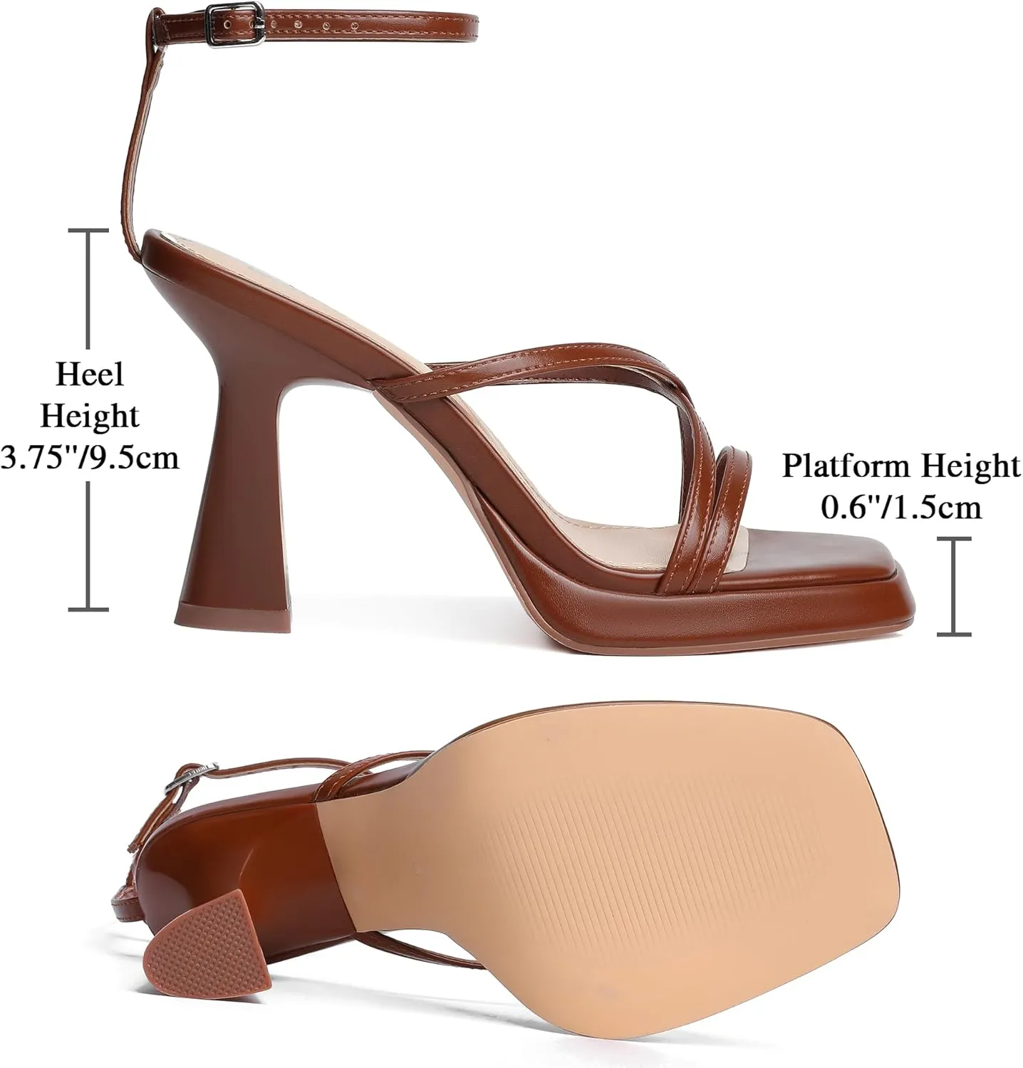 Reitoye Strappy Heels for Women Platform High Chunky Heels Square Open Toe Heeled Sandals Ankle Strap Block Heels