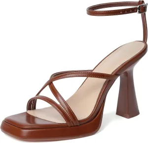 Reitoye Strappy Heels for Women Platform High Chunky Heels Square Open Toe Heeled Sandals Ankle Strap Block Heels