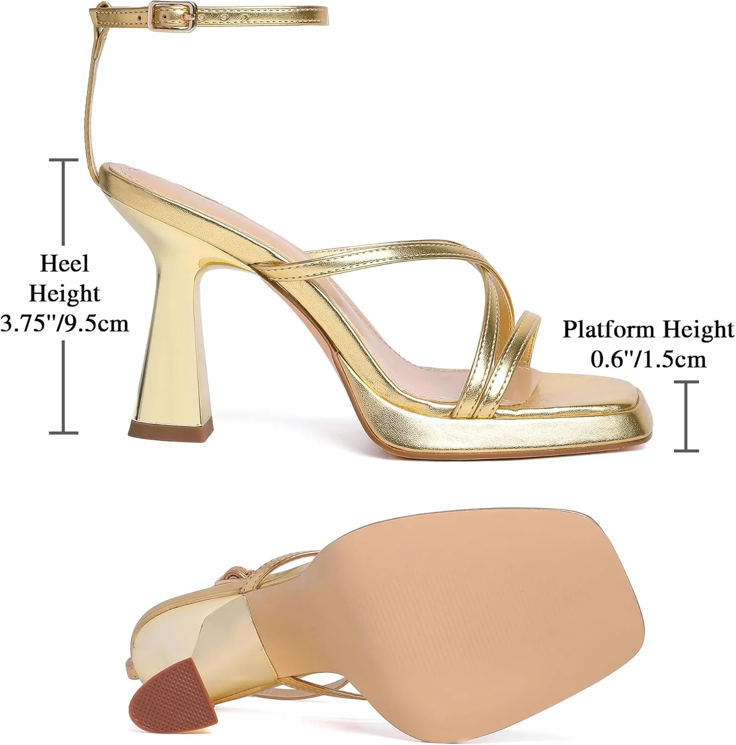 Reitoye Strappy Heels for Women Platform High Chunky Heels Square Open Toe Heeled Sandals Ankle Strap Block Heels