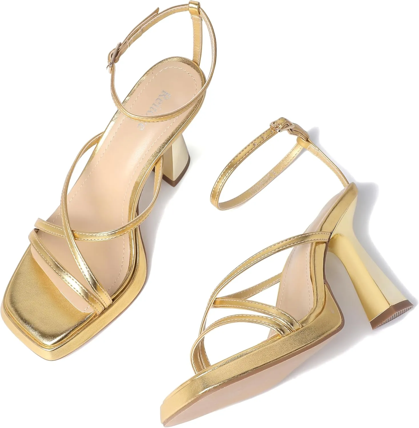 Reitoye Strappy Heels for Women Platform High Chunky Heels Square Open Toe Heeled Sandals Ankle Strap Block Heels