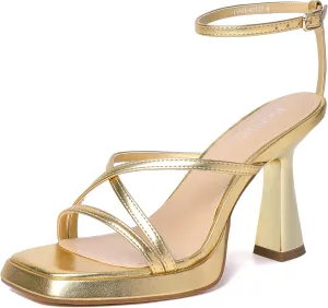 Reitoye Strappy Heels for Women Platform High Chunky Heels Square Open Toe Heeled Sandals Ankle Strap Block Heels