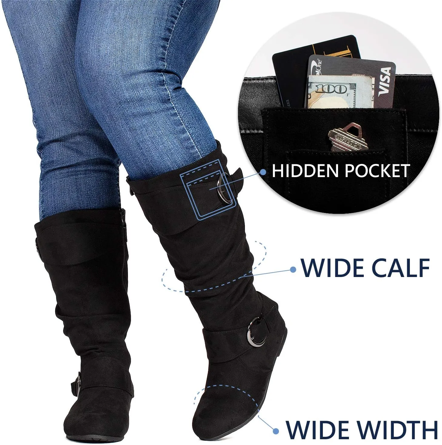 RF ROOM OF FASHION Dublin-01 Women's Wide Calf Wide Width Knee High Boots w Pocket - Plus Size Friendly