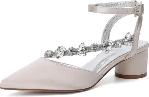 Rhinestones Satin Strappy Wedding Shoes Pointed Toe Block Low Heel Bridal Shoes Women Party Sandals 4.5CM Closed Toe Ankle Strap Pumps for Prom,Champagne,6