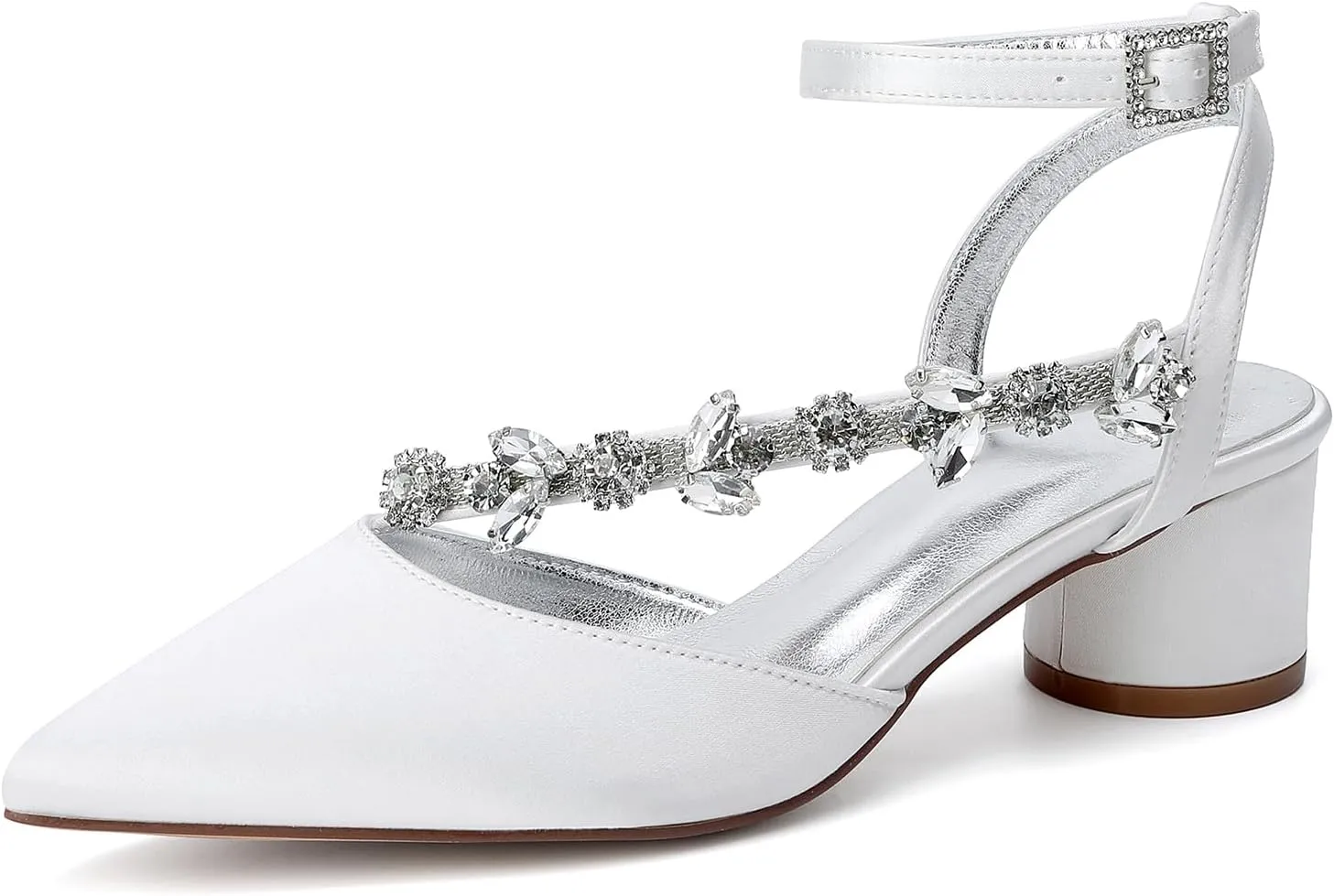 Rhinestones Satin Strappy Wedding Shoes Pointed Toe Block Low Heel Bridal Shoes Women Party Sandals 4.5CM Closed Toe Ankle Strap Pumps for Prom,Ivory,9