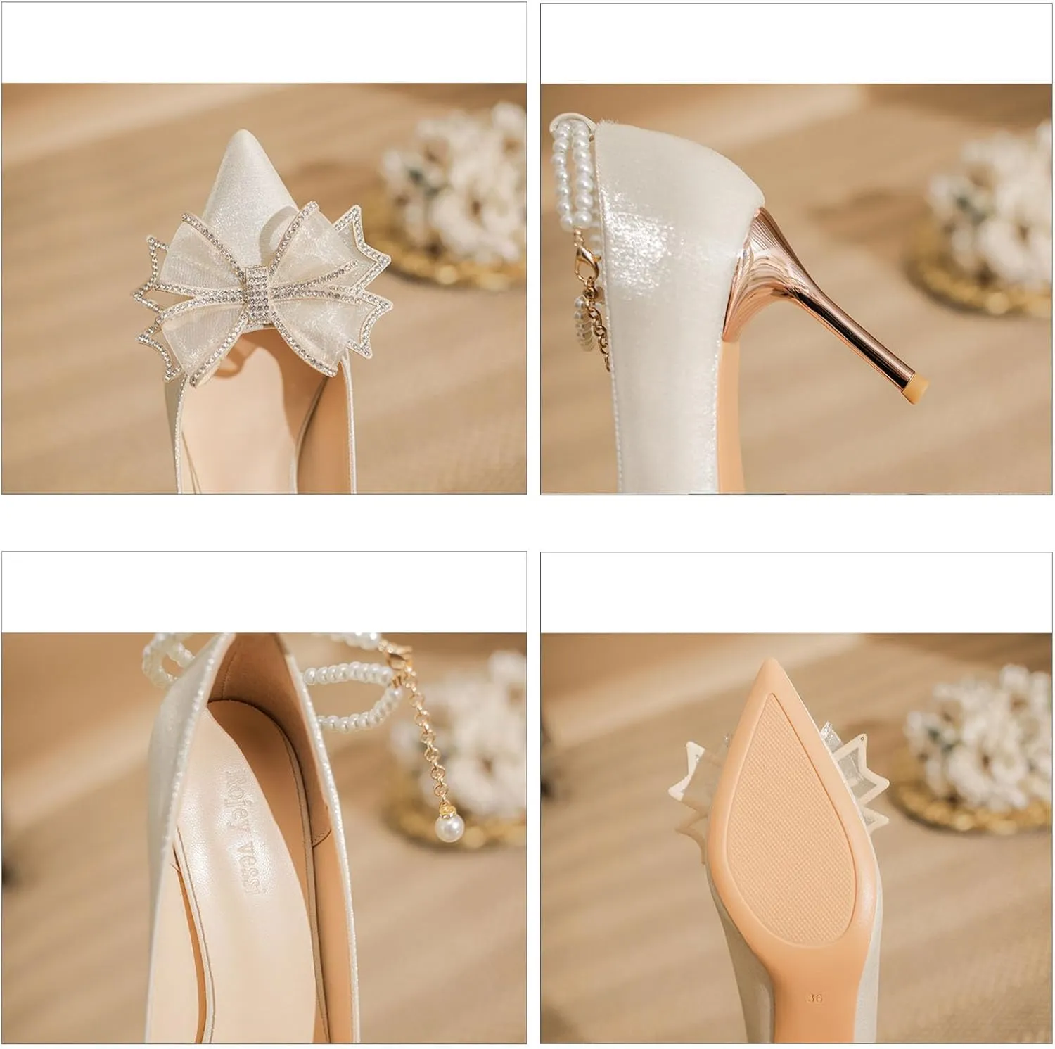 Rhinstone Bow High Pumps for Women, Sparkly Pearl Ankle Strap Heeled Sandals Adjustable Pointed Toe Dress Shoes Evening Shoes