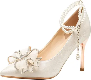 Rhinstone Bow High Pumps for Women, Sparkly Pearl Ankle Strap Heeled Sandals Adjustable Pointed Toe Dress Shoes Evening Shoes