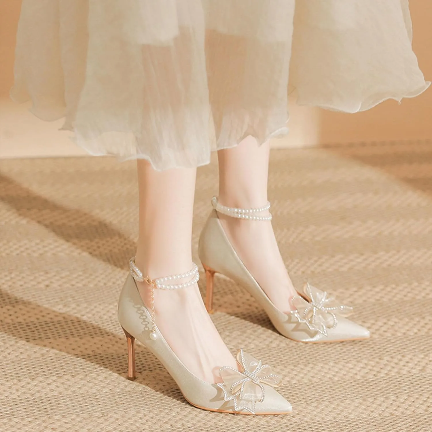 Rhinstone Bow High Pumps for Women, Sparkly Pearl Ankle Strap Heeled Sandals Adjustable Pointed Toe Dress Shoes Evening Shoes