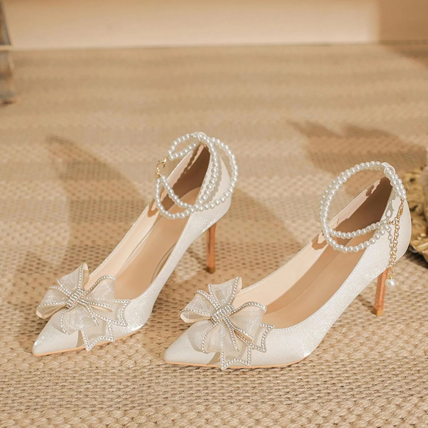 Rhinstone Bow High Pumps for Women, Sparkly Pearl Ankle Strap Heeled Sandals Adjustable Pointed Toe Dress Shoes Evening Shoes
