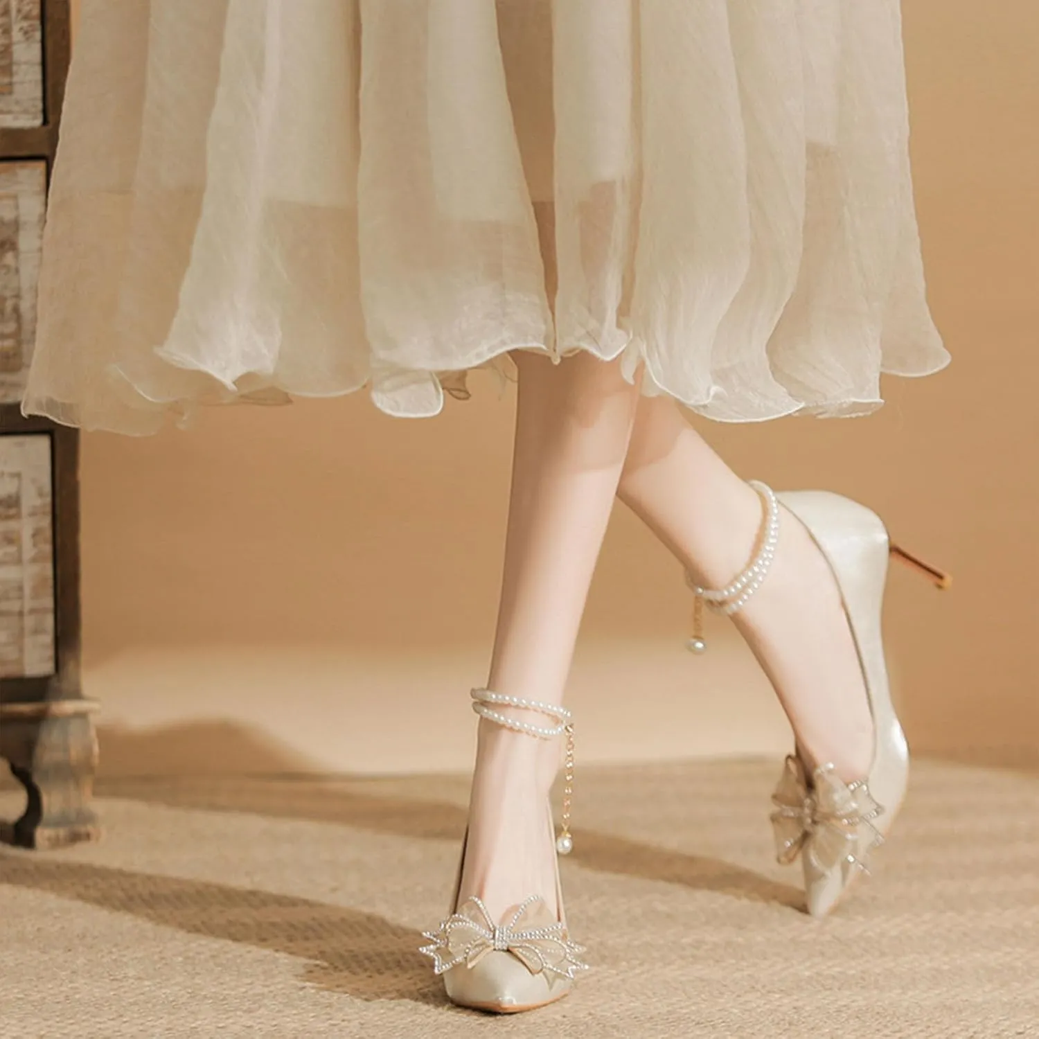 Rhinstone Bow High Pumps for Women, Sparkly Pearl Ankle Strap Heeled Sandals Adjustable Pointed Toe Dress Shoes Evening Shoes