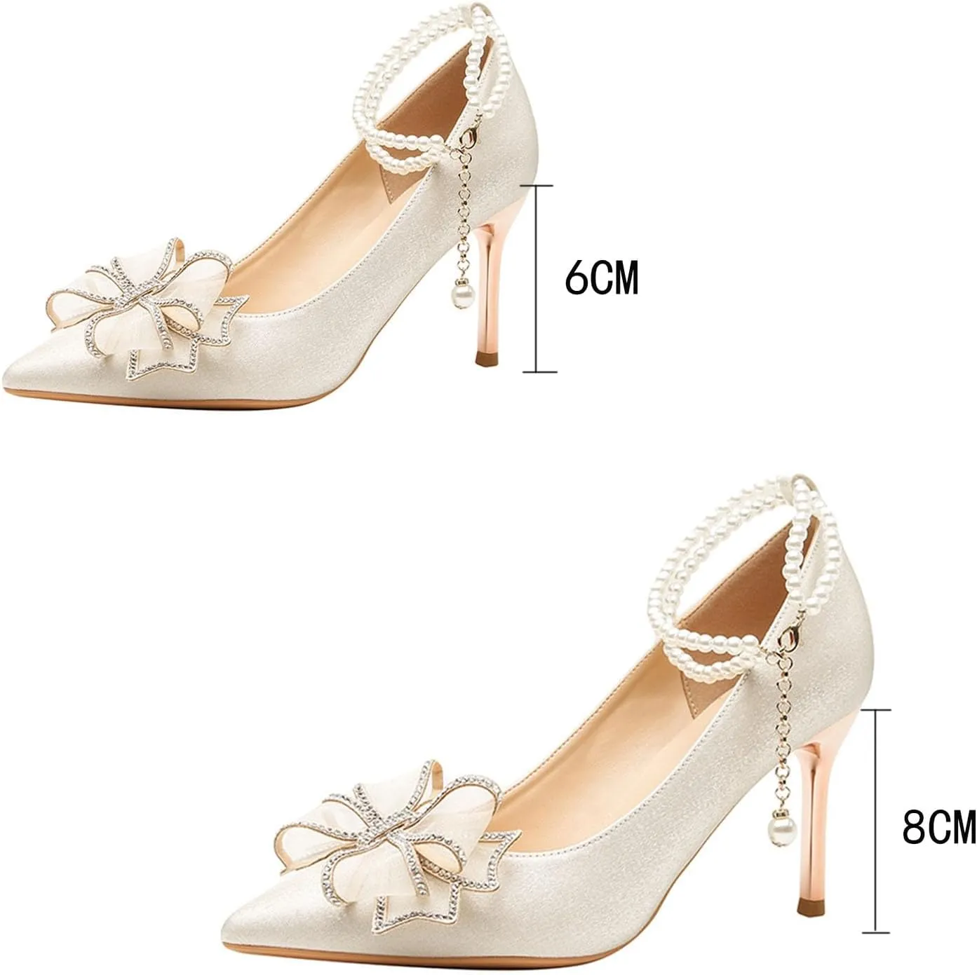 Rhinstone Bow High Pumps for Women, Sparkly Pearl Ankle Strap Heeled Sandals Adjustable Pointed Toe Dress Shoes Evening Shoes