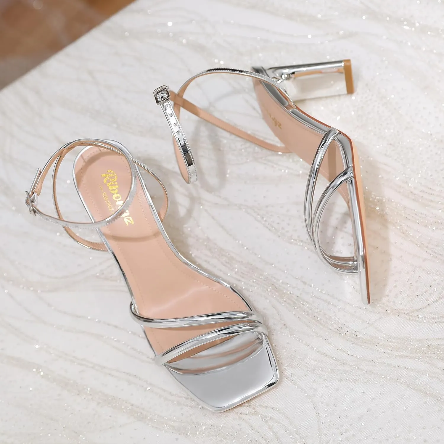 RIBONGZ Womens Strappy Heels Square Open Toe High Heels for Women Ankle Strap Chunky Heeled Sandals Wedding Bridal Shoes Comfort High Heel Sandals Dress Party Shoes