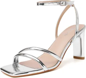 RIBONGZ Womens Strappy Heels Square Open Toe High Heels for Women Ankle Strap Chunky Heeled Sandals Wedding Bridal Shoes Comfort High Heel Sandals Dress Party Shoes