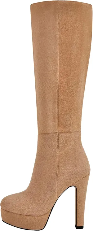 richealnini Platform Knee High Boots for Women Side Zip Up Tall Boots with Block Heel Comfort Long Boots
