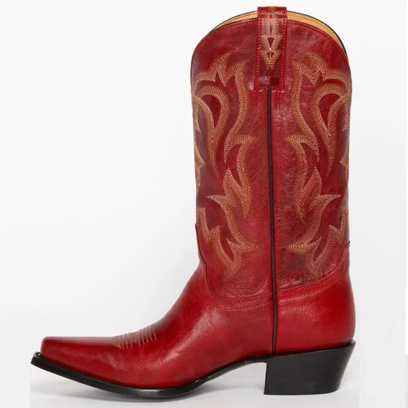 richealnini Women's Cowgirl Cowboy Boots Pull On Tab Embroidered Mid Calf Booties Western Boots in Denim