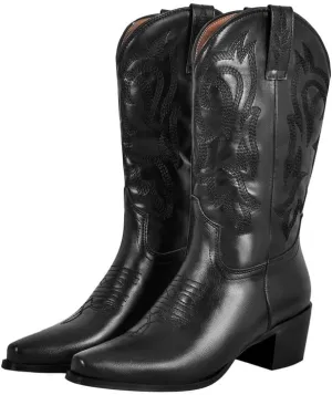 richealnini Women's Cowgirl Cowboy Boots Pull On Tab Embroidered Mid Calf Booties Western Boots in Denim